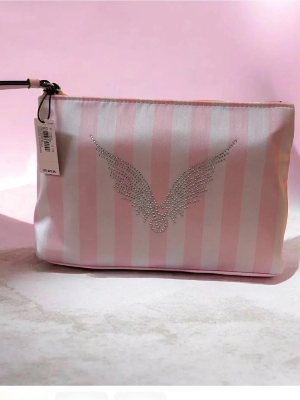 Pink & White Striped Cosmetic Pouch with Crystal Wing Accent